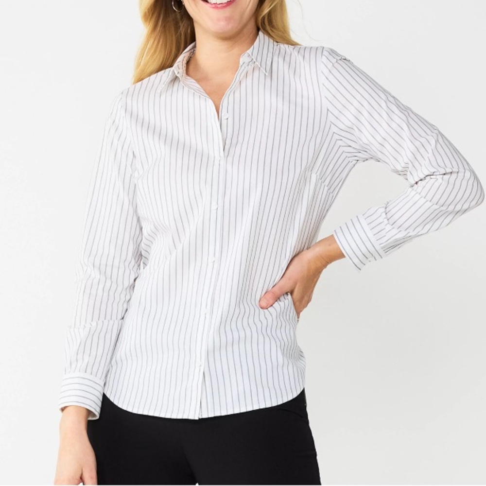 Nine West Striped Structured Button Down Long Sleeve Shirt